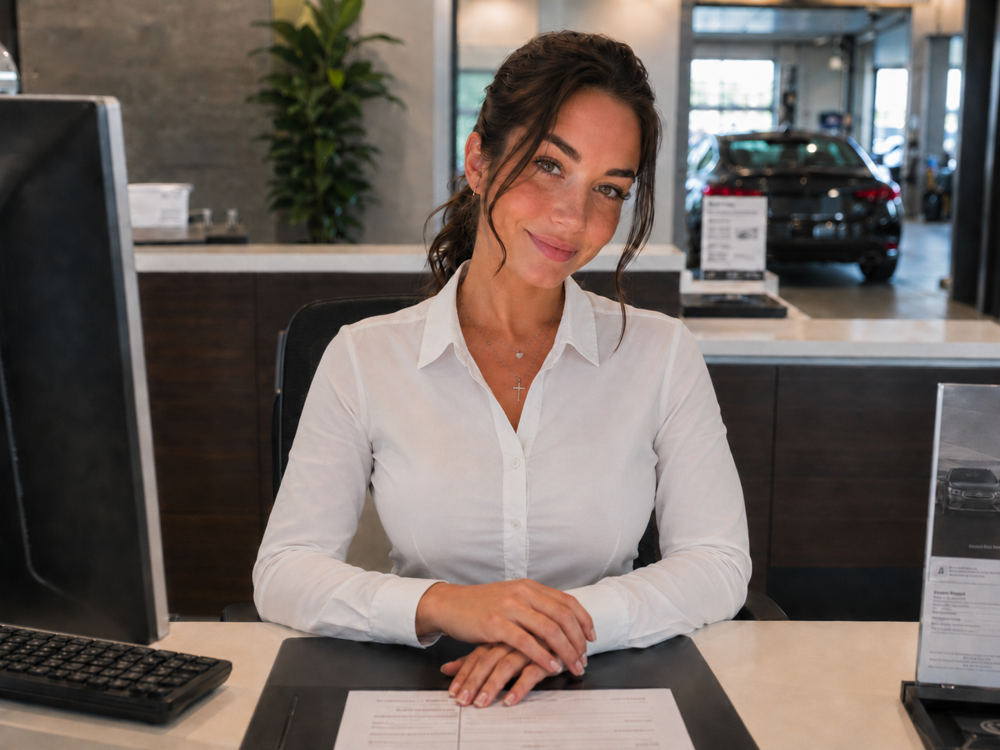 Aimee seated at a premium dealership reception desk